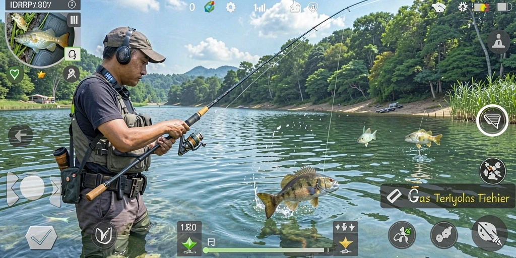 Tampilan gameplay IDRRP yang menarik saat memancing di lokasi eksotis.
