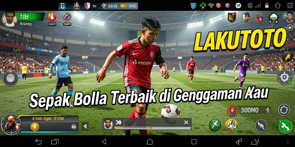Screenshot gameplay LAKUTOTO menunjukkan aksi seru pertandingan sepak bola.