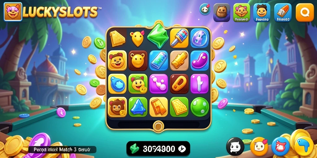 Tangkapan layar gameplay LUCKYSLOTS dengan tindakan mencocokkan simbol Match-3.