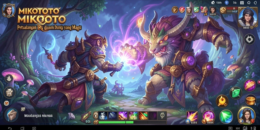 Screenshot gameplay <strong>MIKOTOTO</strong> menunjukkan pertarungan epik dan karakter yang beragam.