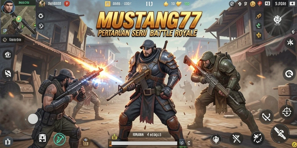 Screenshot utama MUSTANG77 menampilkan aksi Battle Royale yang mendebarkan.
